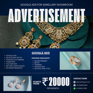 Advertisement for Google Ads services for a jewellery showroom with jewelry images and contact information.