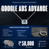 Advertisement for Google Ads services with jewelry images and contact information.