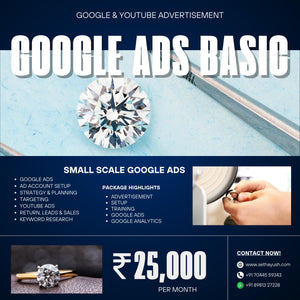 Advertisement for Google Ads services with jewelry images and contact information.