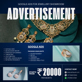 Advertisement for Google Ads services for a jewellery showroom with jewelry images and contact information.