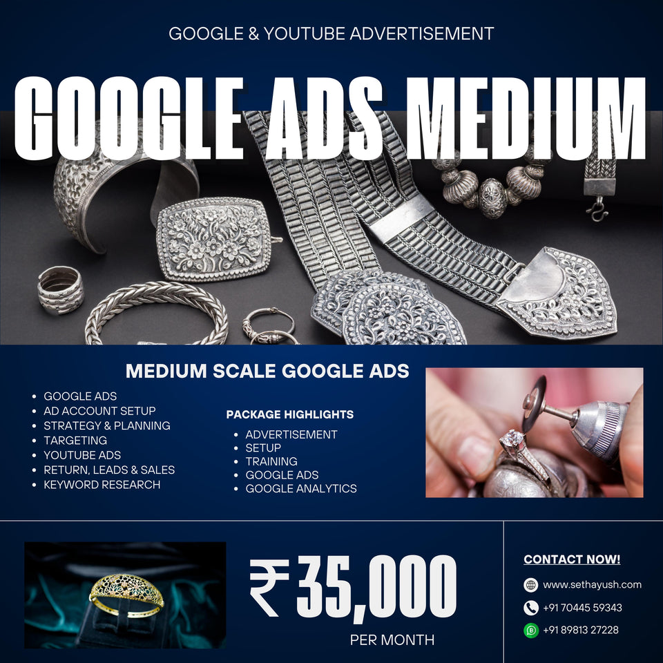 Advertisement for Google Ads Medium service with jewelry images and contact information.