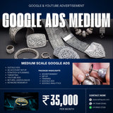 Advertisement for Google Ads Medium service with jewelry images and contact information.